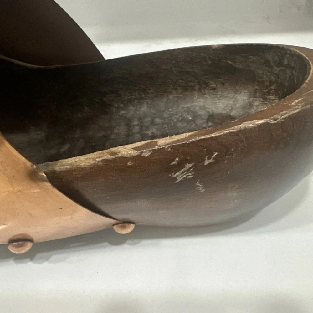 VIntage Carved Wood Clog/Shoe COPPER BAND Wine Bottle Holder- See Pics!